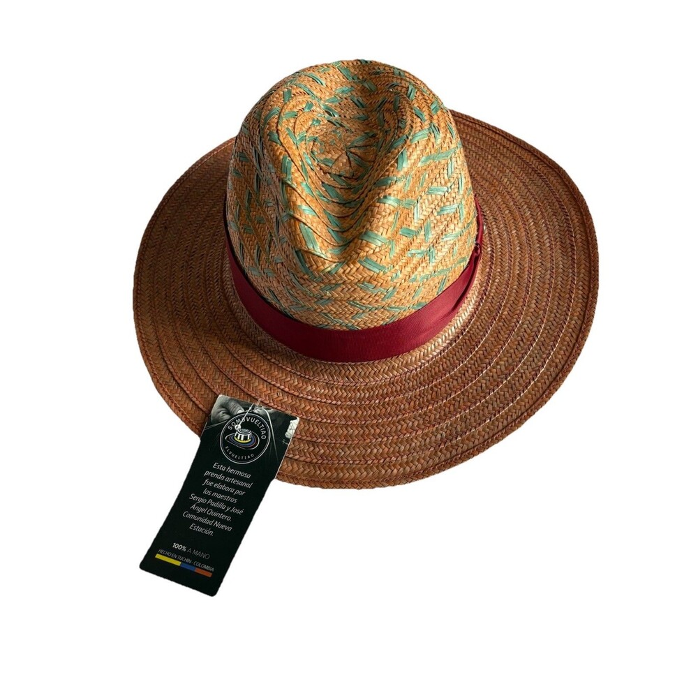 Handmade Colombian Straw Fedora Hat Wide Brim Brown NWT Boho